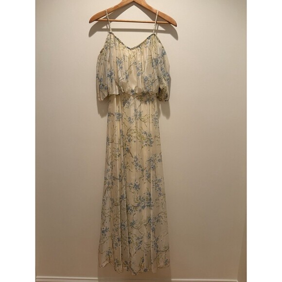 Union Made Dresses & Skirts - Vtg 70s Cream Delicate Blue Flowers Blouson Maxi Dress Floral Prairie Cottage